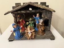 VTG 7 PC Nativity Set Manger Creche Rustic Wood Stable Mary Joseph 3 Kings Italy