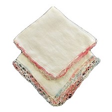 Vintage Womans Cotton Handkerchiefs Crocheted Edges Pair 1950-60s