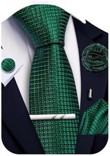 Solid Plaid Checkered Tie Set for Men Silk Necktie Pocket Square Emerald Green