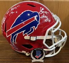 Jim Kelly Thurman Thomas Andre Reed Signed Bills Throwback Helmet HOF Beckett