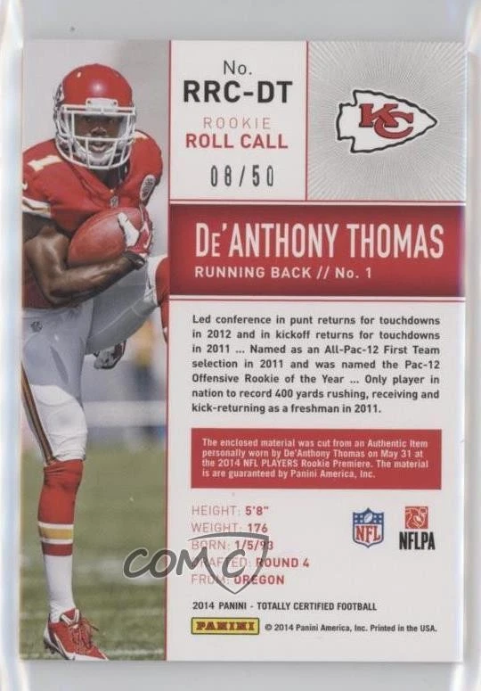 2014 Totally Certified Rookie Roll Call Jersey Blue /50 De'Anthony Thomas RC - Image 2 of 2