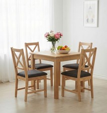 Dining Set, Small Square Kitchen Table & 4 Oak Dining Chairs, Charcoal Grey Seat