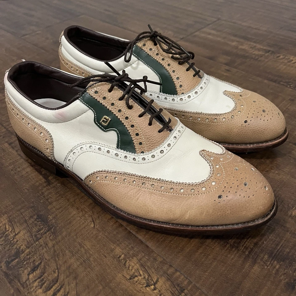 Винтажные классические туфли для гольфа Footjoy 9,5 D кожа бежевые белые наконечники крыльев #69197 - Изображение 2 из 4