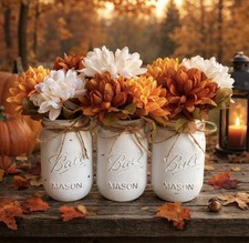 Set of 3 chalk painted distressed mason jar vases w/faux fall flowers included