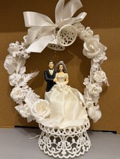 Vintage Wedding Cake Topper Bride and Groom Under White Floral Arch Bells BRWN