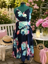 Navy Floral Midi Dress 2XL Sleeveless Faux Wrap Dress with Pockets