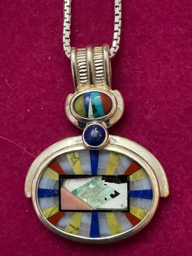 Whitney Kelly Lapis 925 Sterling Silver Inlay Design Pendant Necklace 18" Italy - Imagen 3 de 5
