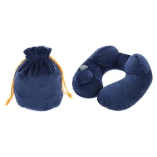 Self-Inflatable Plush Pillow for Travel Airplane with Bag Navy Blue