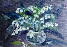 Quadro olio ACEO ORIGINALE - Giglio dei fiori della valle - 2,5x3,5 in artista MK