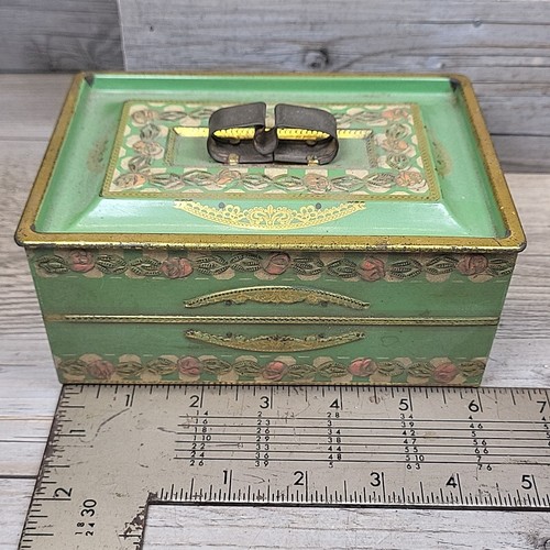 Vtg 4x6 Small Green Floral Tea Trinket Tin with Lid Ornate Gold Trimmed - Picture 4 of 9