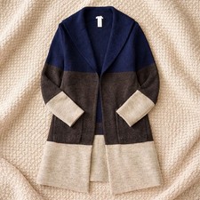 Women's Cozy MAX STUDIO Navy Brown Colorblock Longline Open Cardigan Duster S