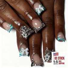 Press on Nails Duck Shaped Glossy Full Green French and Rhinestone Star Bow