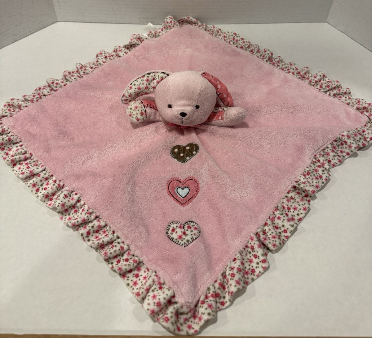 Carter's Pink Bunny Rabbit 3 Hearts Rattle Security Blanket Lovey Satin Floral