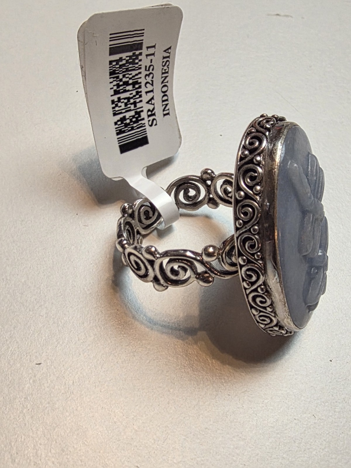 Vintage Sarda Artisan Bali Sterling Silver blue carved stone dragonfly ring