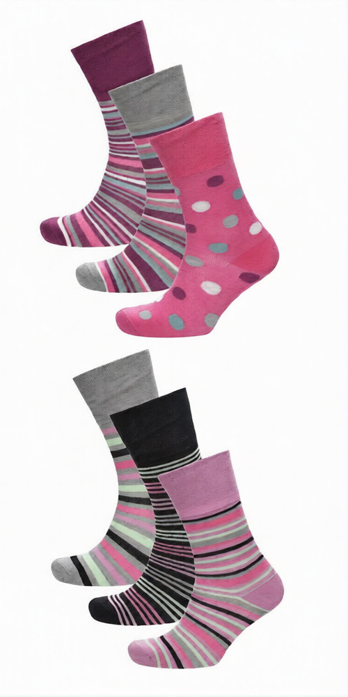 6 Pairs Ladies Bamboo Stripe & Spot Assorted Ankle Socks 4-8