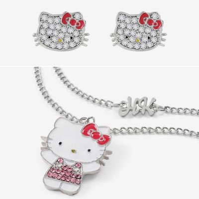 Hello Kitty Earrings & Necklace Set Rhinestone Style Super Cute New Gift Boxed