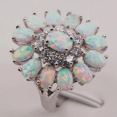 8Ctw Oval Cut Lab Created Fire Opal Cluster Wedding Ring 14K White Gold Plated