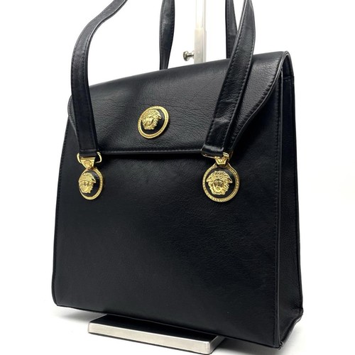 VERSACE Leather Black Tote bag Vintage Authentic From Japan