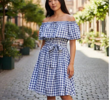 NWT 11  1  Tylho ANTHROPOLOGIE Kinsey Gingham Ruffled Off The Shoulder Dress M