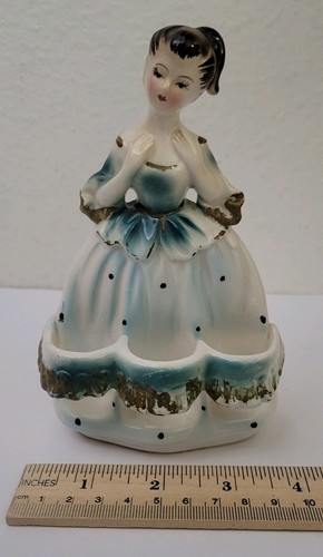Vintage Ceramic Lipstick Holder Girl Blue Dress - Foto 1 di 7
