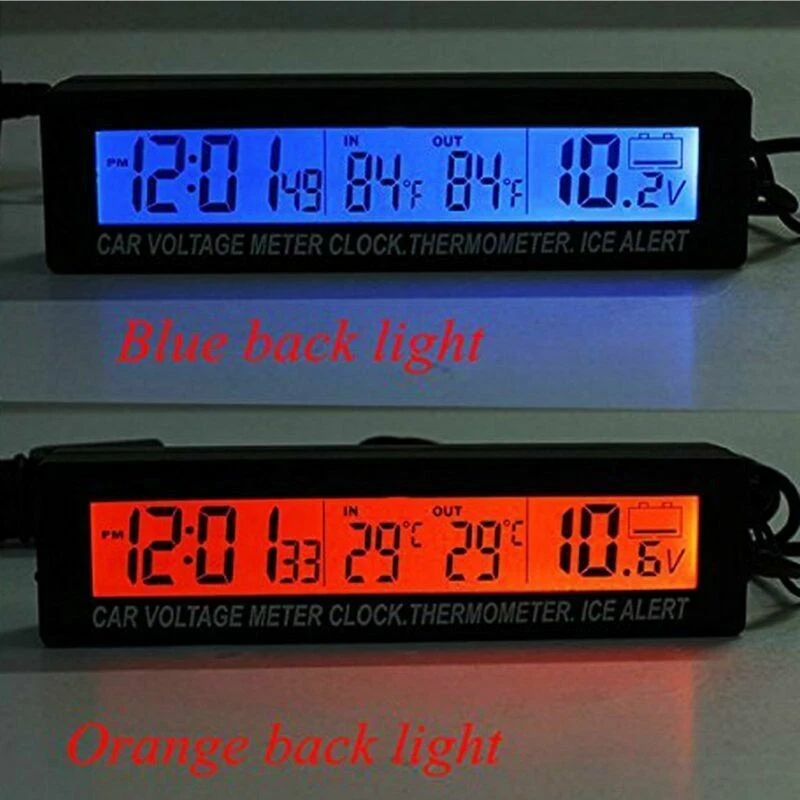 Car Thermometer In/Out &Voltmeter Clock Digital Blue Backlit Backlight Ice Alert - Image 3 of 4