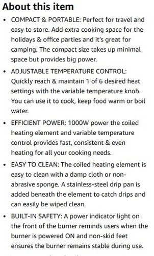 Elite Gourmet ESB100B Countertop Single Coiled Burner Electric Hot Plate - Picture 6 of 10
