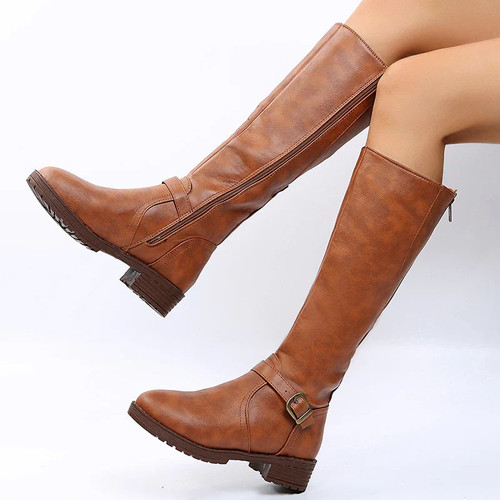 Vintage Brown Women Knee High Boots Big Size Low Heels Platform Long Boots - Picture 4 of 27