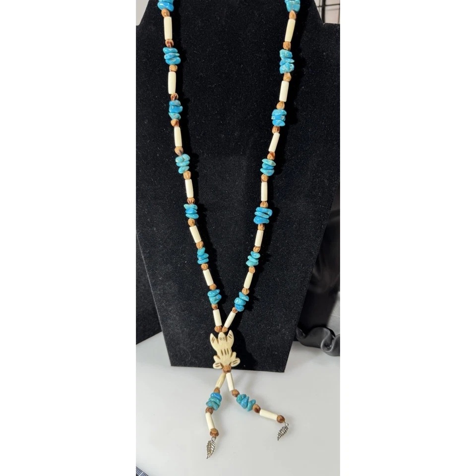 Vtg Navajo Necklace Turquoise, Buffalo Bone, Carved Turtle Talisman Tassel 24” L - Image 2 of 4