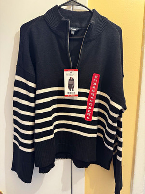 DKNY Men's 1/4 Zip Mock Neck Striped Knit Pullover Sweater Black/White XL
