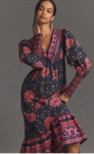 Farm Rio Anthropologie Midi Dress Pink Puff Sleeve V Neck Retro Boho Medium NWT