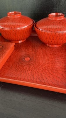 Vintage Japanese Lacquerware Set W/ 2 Bowls & Lids, Box, And Tray 