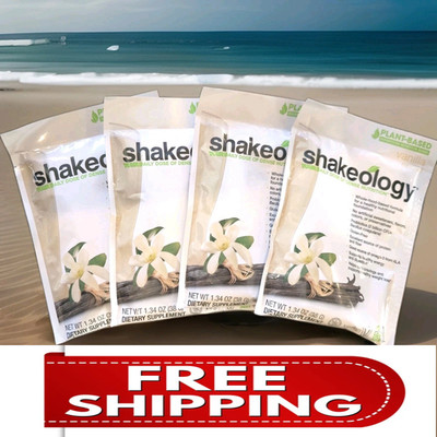 SHAKEOLOGY~ 4 VEGAN VANILLA PACKETS~ Great for job, travel, on-the-go, 8/26