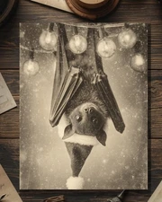 Victorian Bat in Santa Hat Christmas Lights Christmas Card Gothic Holiday Art