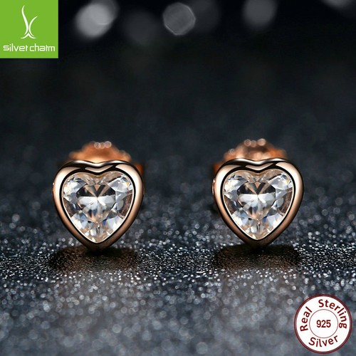 Women Girls Solid 925 Sterling Forever Love Heart 14K Gold & Clear CZ Earrings - Picture 5 of 6