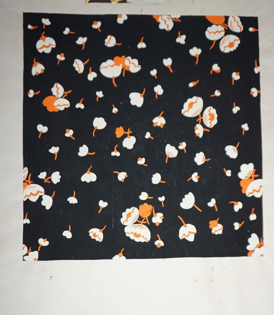 DIBUJO PAPEL PINTADO SEDA GORRO XX° GOUACHE ORIGINAL LYON FLOR DECORACIÓN w