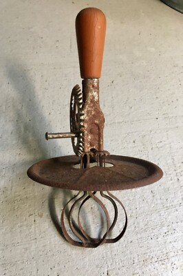 Hand Egg Beater Vintage Metal with Orange Wood Handle Splash Guard Antique 9.5''