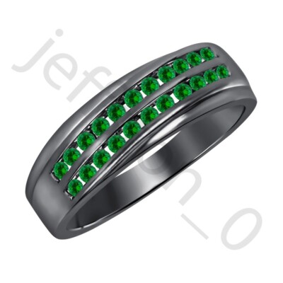0.90 Ct Lab Created Emerald 14K Black Gold Over Two Rows Wedding Band Men's Ring