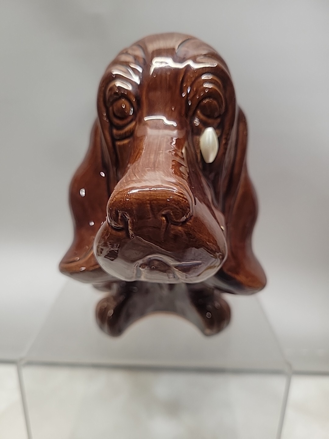 Vintage Clay Sad Eyes Basset Hound Planter With Teardrop Faux Pearl