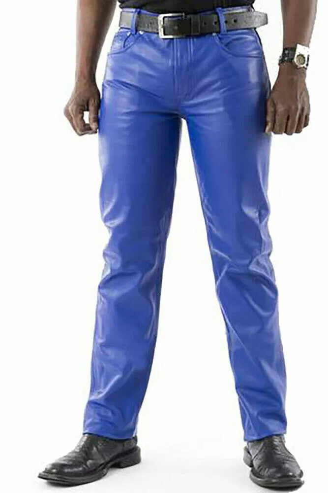 Mens Biker Jeans Real Blue Or Cow Leather Sleek And Sexy 501 Style Pants New