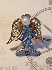 Vintage Camco Silver Tone Gold Tone Faux Pearl Angel Pin ~ Ships FREE