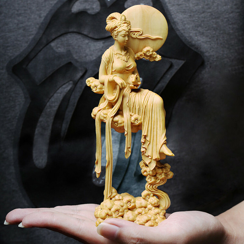 7" Boxwood Wood Carving Chang'e Statue Mythological Figure Sculpture