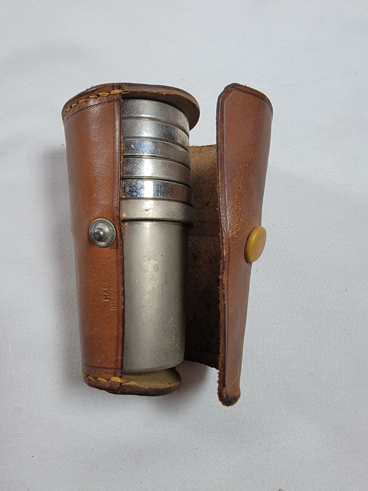 Vintage Metal Shot Glasses Set Of 6 w/ Leather Case Wall Street