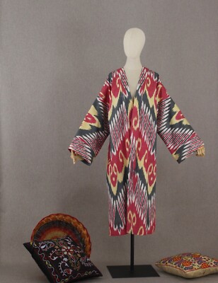Uzbek ikat chapan,cotton jacket,boho pink coat,ethnic abaya cape,cover kimono