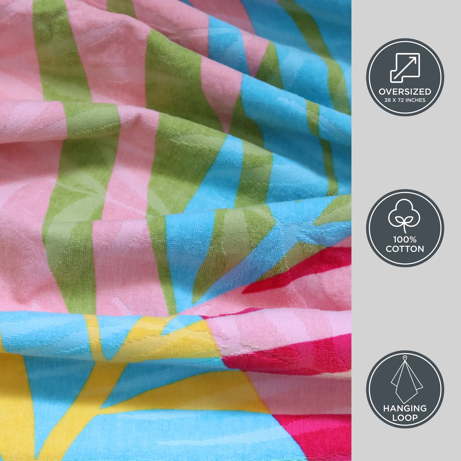 Oversized Printed Palm Coral 100% Cotton Velour Beach Towel,