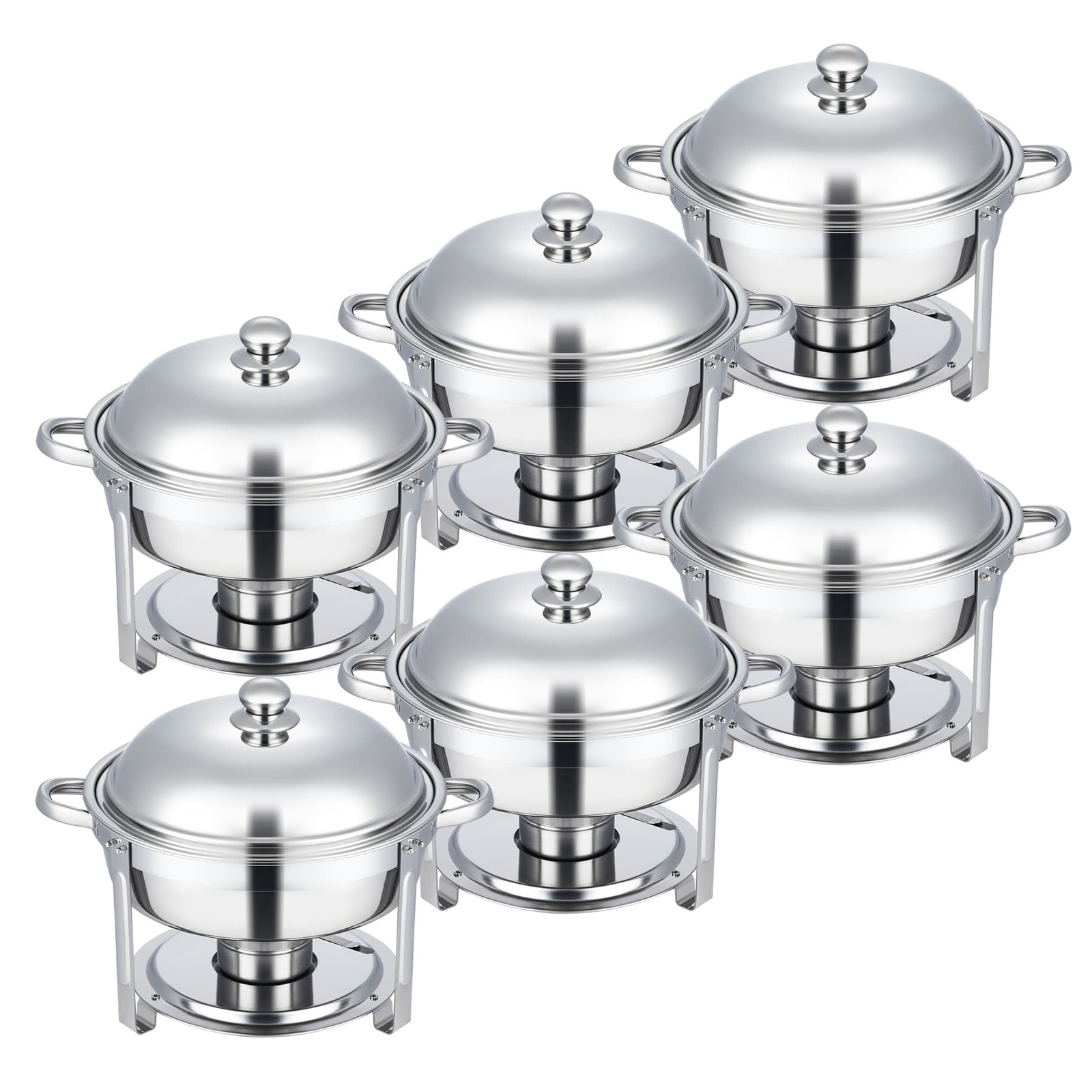 6pcs Round Chafing Dish Buffet Set w/ 5L Food Pans Bain Maries Lids