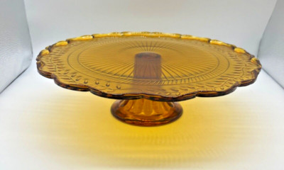 VTG Circleware mason Amber cake stand on pedestal 12'' diameter x 3'' tall