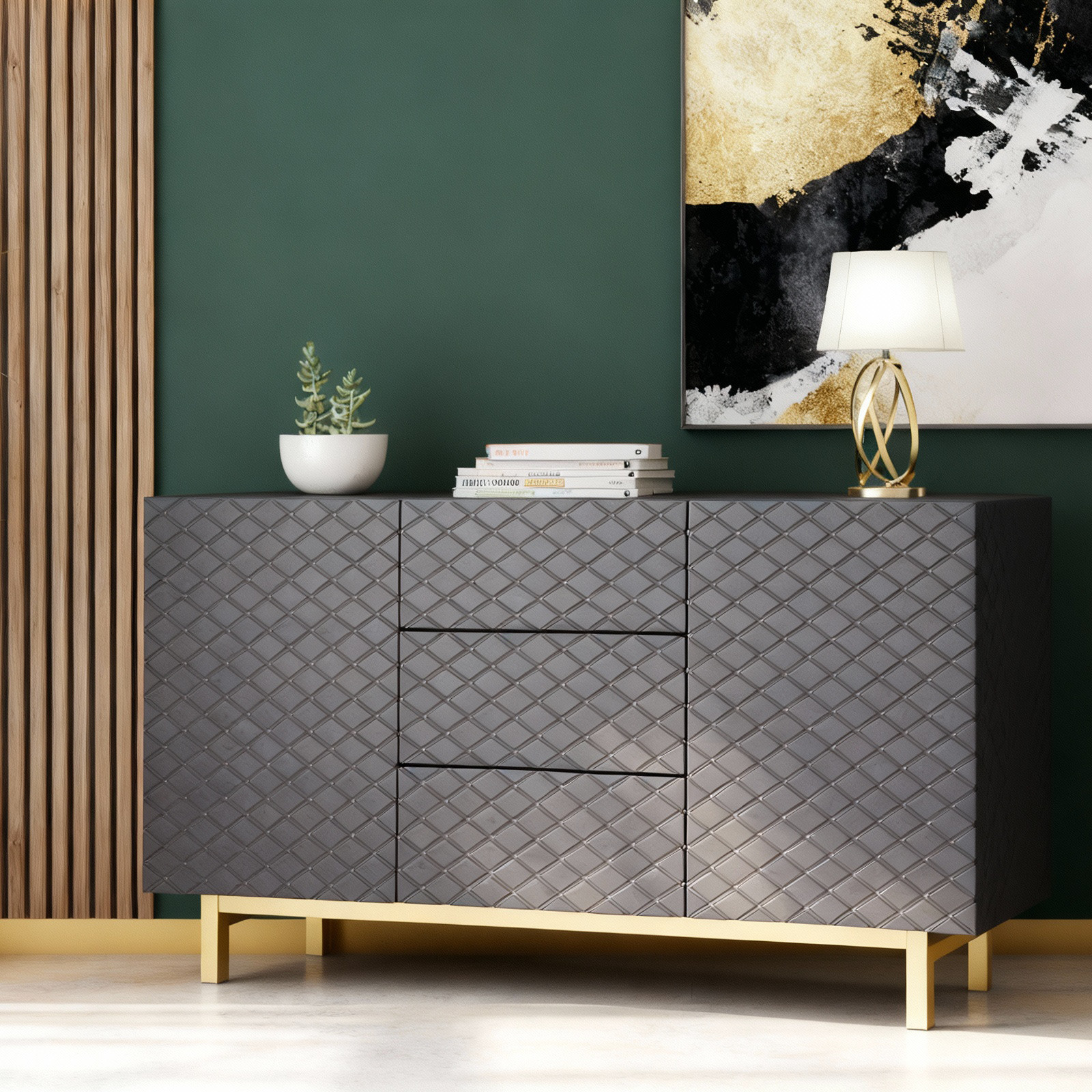 TV Unit Sideboard TV Stand Cabinet Grey Diamond Front Gold Legs 140cm
