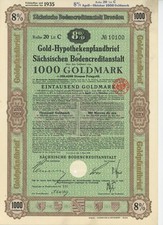Złoty hipoteczny list zastawny 1000Goldmark Sächsische Bodencreditanstalt Dresden1929