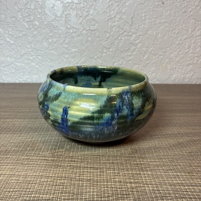 Handmade Studio Art Pottery Bowl with Green and Blue Drip Glaze Signed