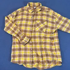 BP. Women’s Med Plaid Button-Up Shirt Yellow Brown Textured Fuzzy Flannel Pocket